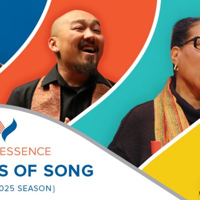 Four different VocalEssence singers, each in a different colored background: dark blue, bright orange, teal, and yellow. VocalEssence logo, "Seasons of Song" and 2024-2025 Season. Design: Lora Joshi, Photo Credit (Singer Images L-R): Bruce Silcox, Kyndell Harkness, Blue Key Media, and Anna Min