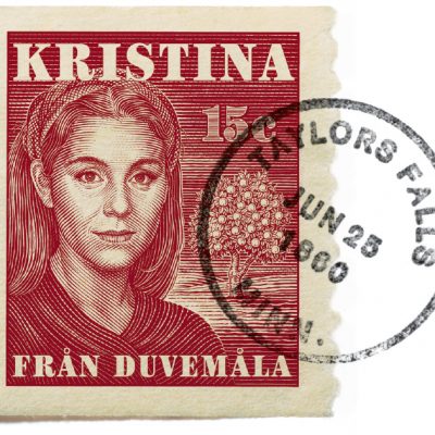 A postage stamp printed in red featuring an image of a woman and an apple tree with the words “Kristina from Duvemala” in Swedish and 15 cents with a black ink circle stamp that says, “TAYLORS FALLS MINN. JUN 25 1860.”