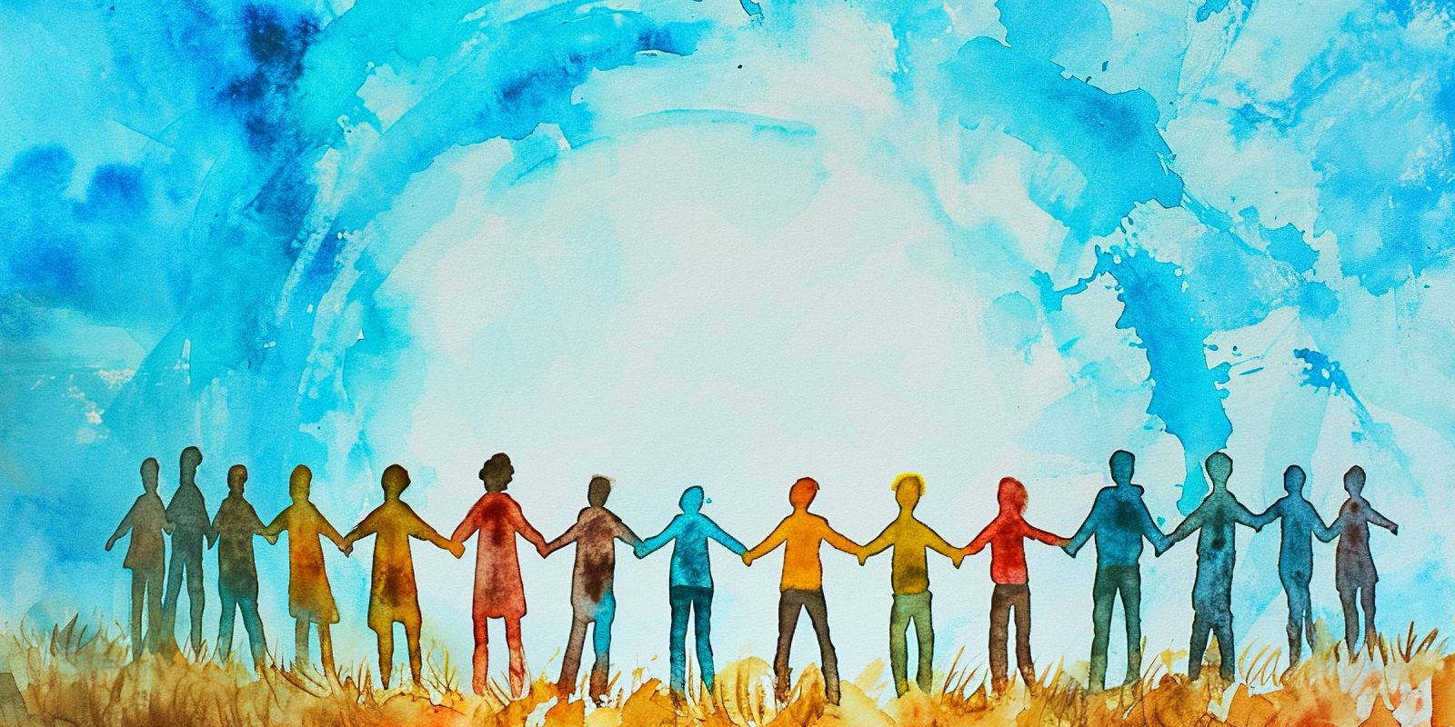 A watercolor illustration of a group of people standing in brown and orange grasses holding hands and looking at a blue sky. Photo Credit: Adobe Stock Image