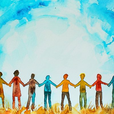 A watercolor illustration of a group of people standing in brown and orange grasses holding hands and looking at a blue sky. Photo Credit: Adobe Stock Image