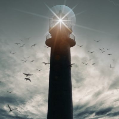 Image of a lighthouse in the midst of a storm with lightning, dark clouds, and birds flying.