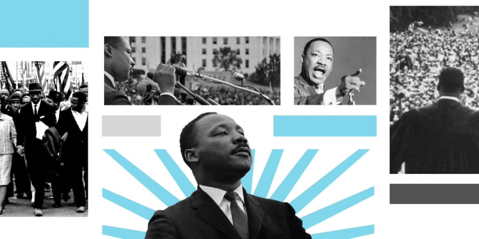 Collage of images of Martin Luther King, Jr. including images of him speaking in front of a microphone and a crowd of people and marching in a protest with other people.