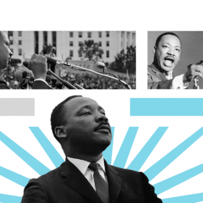 Collage of images of Martin Luther King, Jr. including images of him speaking in front of a microphone and a crowd of people and marching in a protest with other people.