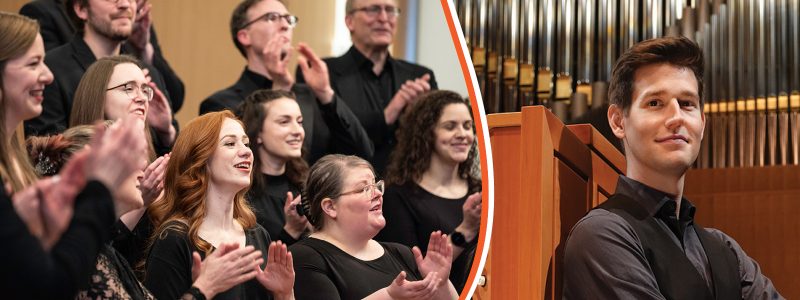 A collage image. On the left VocalEssence Ensemble Singers wearing black perform while clapping their hands with joyful expressions. On the right, Greg Zelek, wearing a black shirt and vest with hands folded poses in front of an organ console and pipes. Photo Credit (L-R): Bruce Silcox and Peter Rodgers
