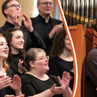 A collage image. On the left VocalEssence Ensemble Singers wearing black perform while clapping their hands with joyful expressions. On the right, Greg Zelek, wearing a black shirt and vest with hands folded poses in front of an organ console and pipes. Photo Credit (L-R): Bruce Silcox and Peter Rodgers