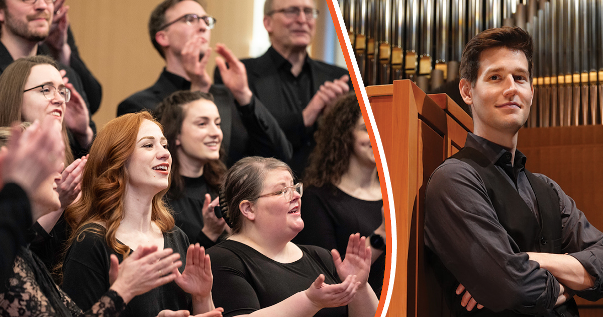 A collage image. On the left VocalEssence Ensemble Singers wearing black perform while clapping their hands with joyful expressions. On the right, Greg Zelek, wearing a black shirt and vest with hands folded poses in front of an organ console and pipes. Photo Credit (L-R): Bruce Silcox and Peter Rodgers