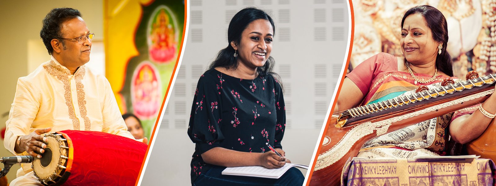A collage image. On the left Thanjavur K. Murugaboopathi sits playing the mridangam, a South Indian hand drum. In the center, Shruthi Rajasekar wearing a black floral top sits holding a pencil and a notebook. On the right, Nirmala Rajasekar sits playing the veena, a plucked string instrument. Photo Credit (L-R): ReyMash Photography, Roscoe Rutter, and ReyMash Photography