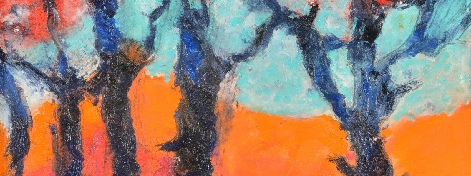 "Five Trees" painting by Carolyn Brunelle. Image of abstract trees with dark colored branches without leaves in front of a background with blues, red, and oranges reminiscent of a sunset.