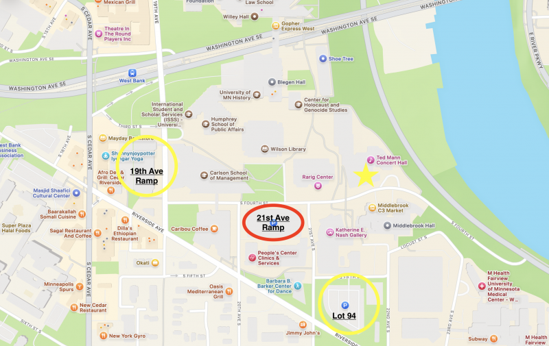 A map of the West Bank of the University of Minnesota with highlights for parking lots around the Ted Mann Concert Hall.